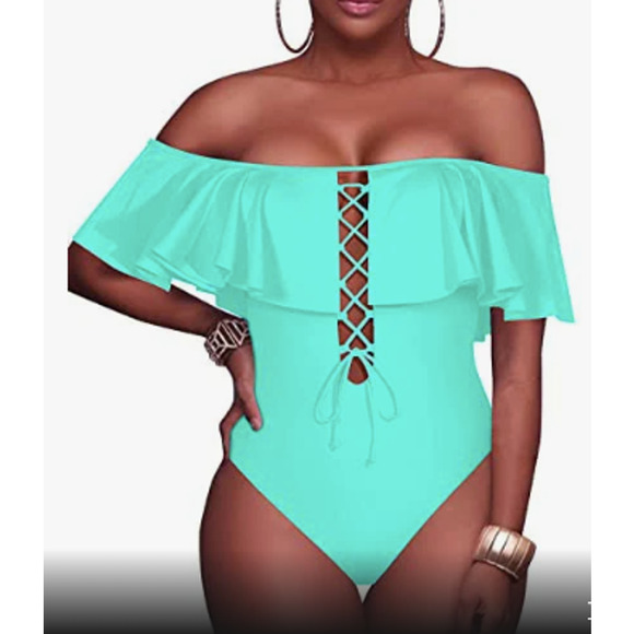Tempt Me Other - NEW Tempt Me Bathing Suit One Piece Turquoise Blue Ruffle Front Women's Size S